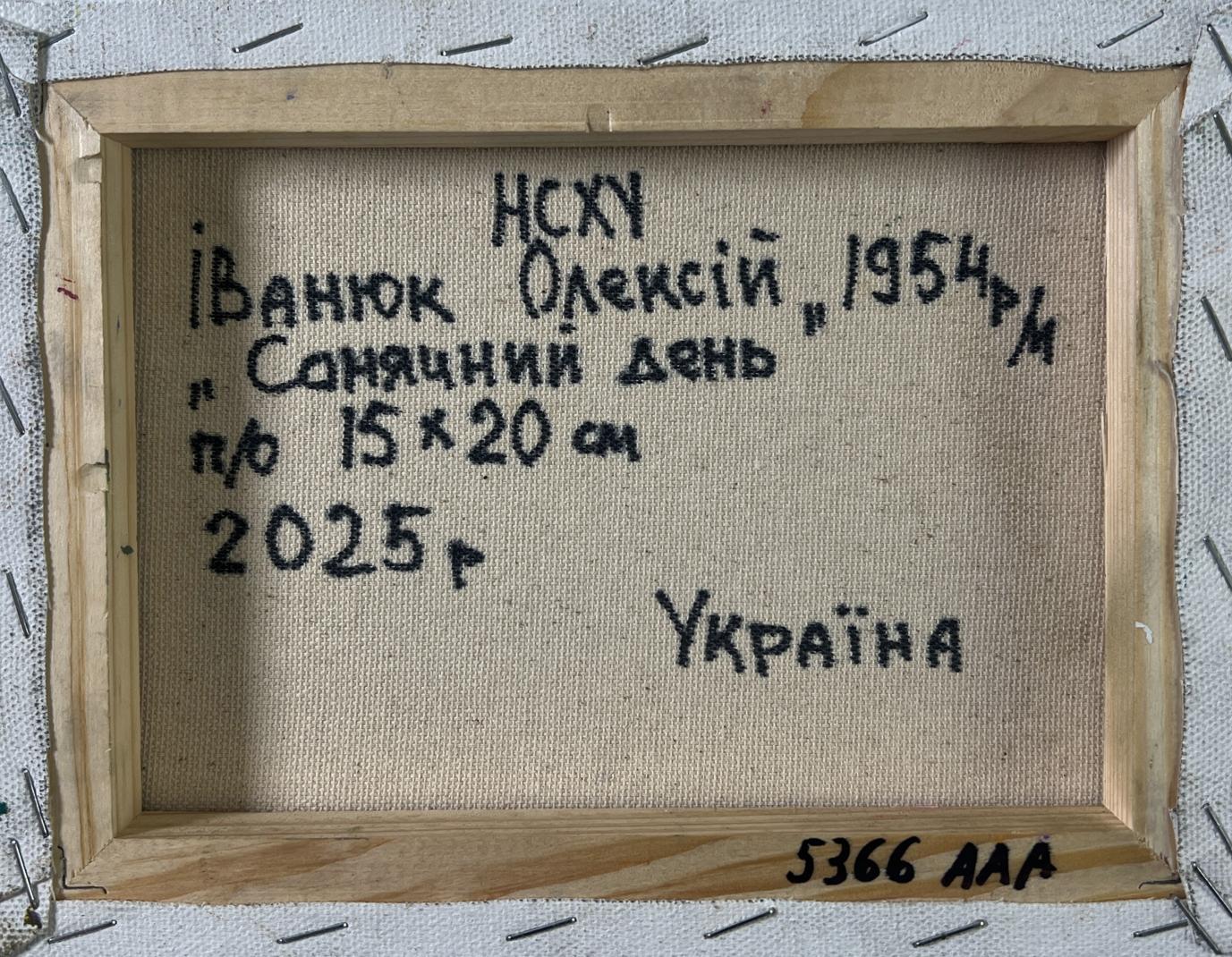 Back of Oleksiy Ivanyuk Sunny day oil painting in light wood frame