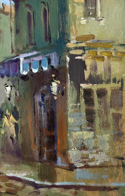 Oil painting Shadows of Old Venice by Yuriy Suprunchuk, textured cobblestone street