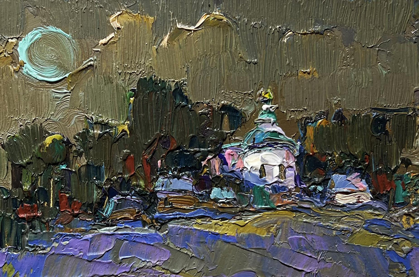 Oil painting Moonlit night in village by Oksana Ivanyuk teal moon church