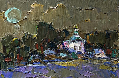 Oil painting Moonlit night in village by Oksana Ivanyuk teal moon church