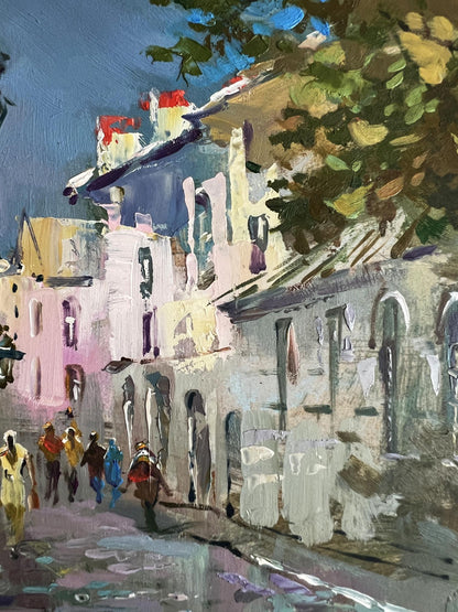 Vibrant impressionist oil painting by Yuriy Suprunchuk of bustling old city street