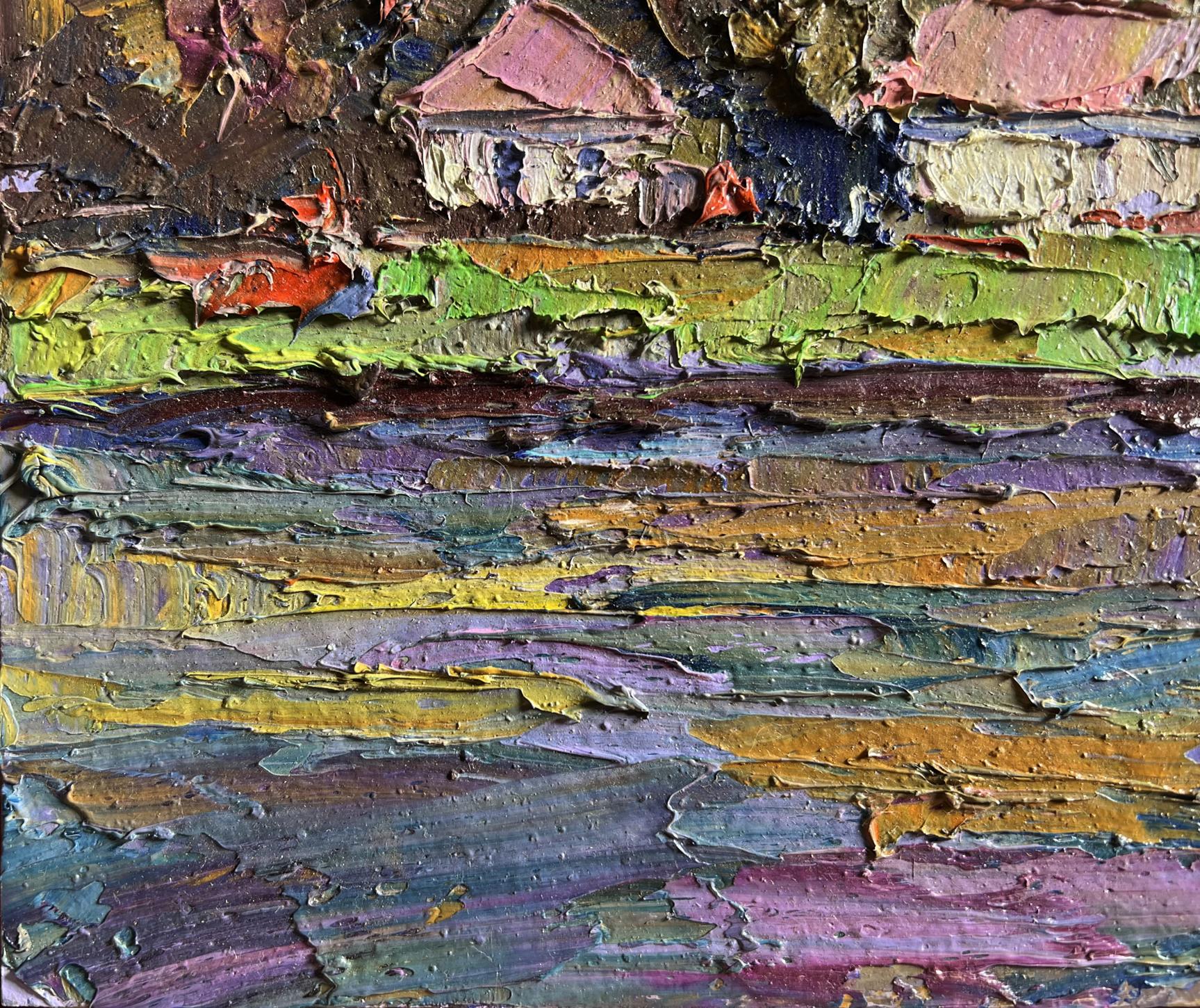 Oil painting Overlooking the city by Boris Serdyuk with pink-roofed house