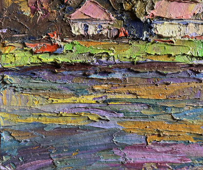 Oil painting Overlooking the city by Boris Serdyuk with pink-roofed house