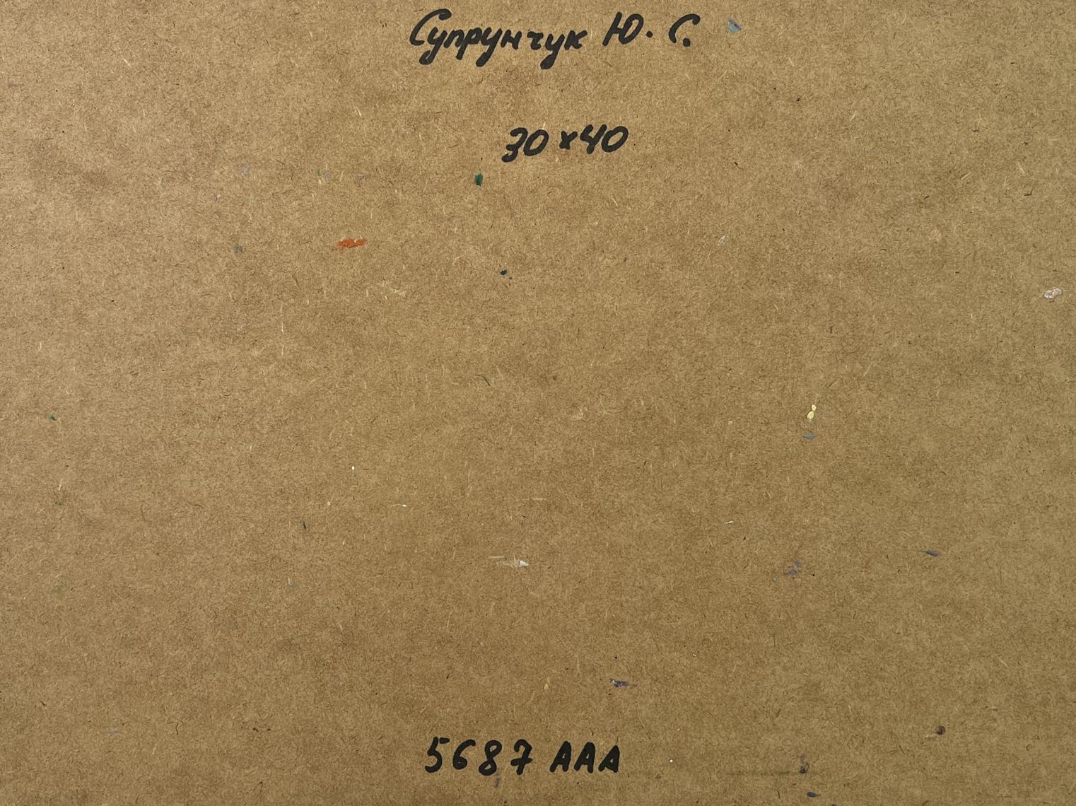 Back of Yuriy Suprunchuk oil painting Girl on a boat with handwritten Cyrillic text and measurements on brown cardboard