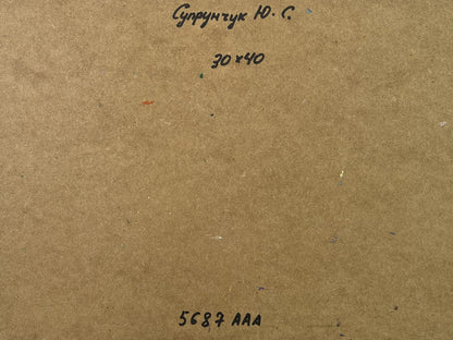 Back of Yuriy Suprunchuk oil painting Girl on a boat with handwritten Cyrillic text and measurements on brown cardboard