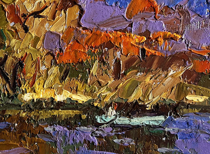Oil painting Fishing in autumns by Oleksiy Ivanyuk vibrant orange purple gold water