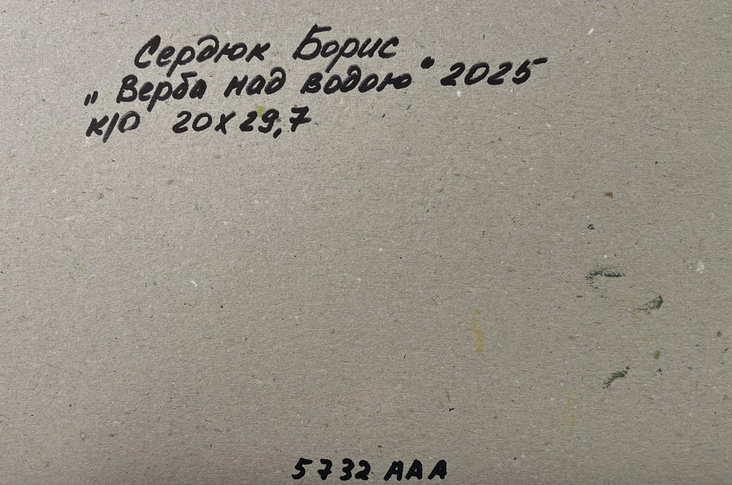 Back of Boris Serdyuk oil painting Trees above the river: gray canvas, Cyrillic inscription, stamped number