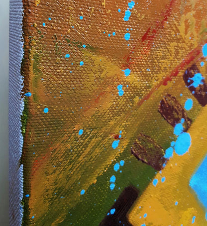 Vibrant Conquistador and Peyote oil painting by Sergiy Voichenko with gold, orange, green brushstrokes and blue splatters