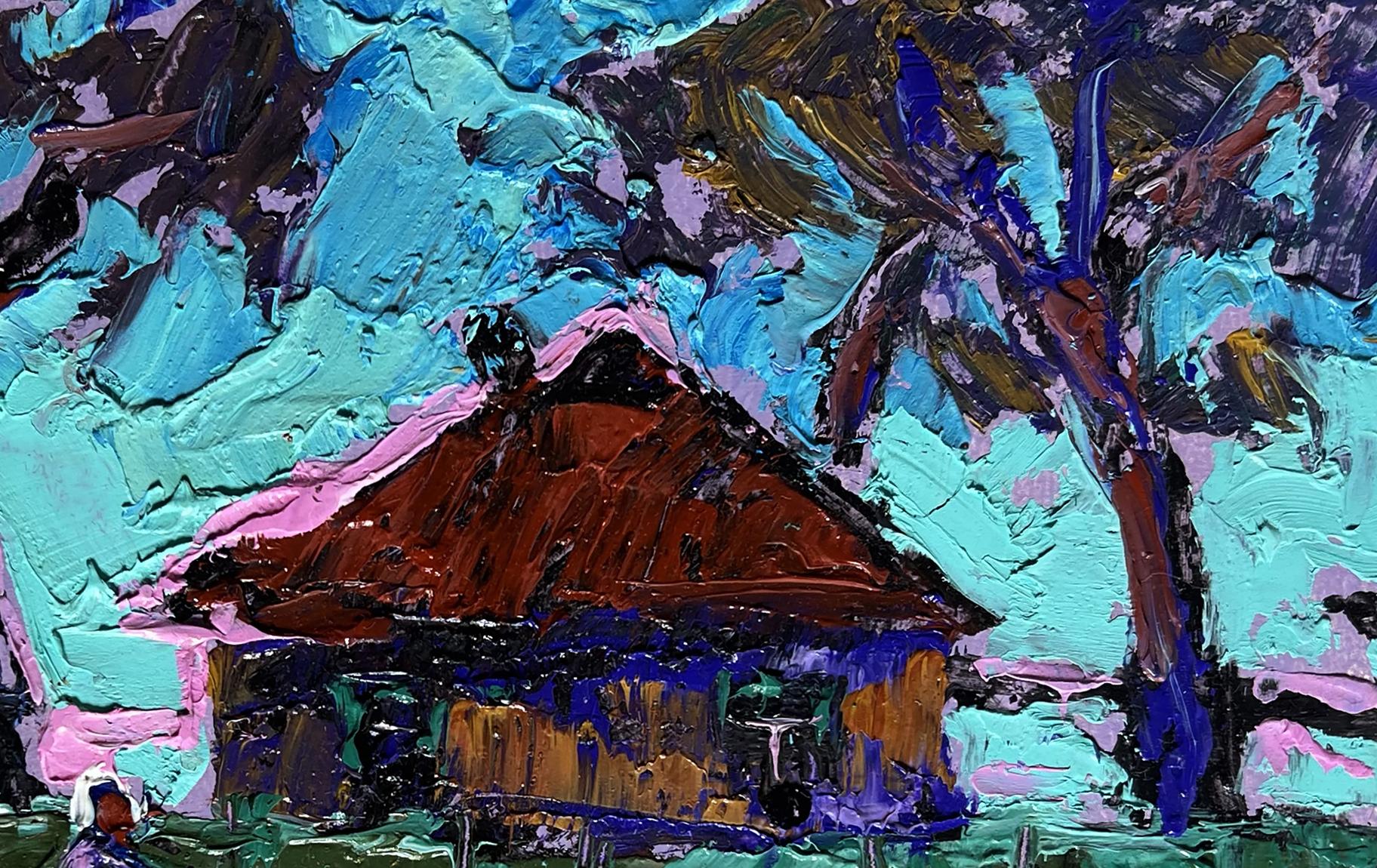 Oil painting of rustic house with geese in evening by Oleksiy Ivanyuk