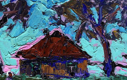Oil painting of rustic house with geese in evening by Oleksiy Ivanyuk