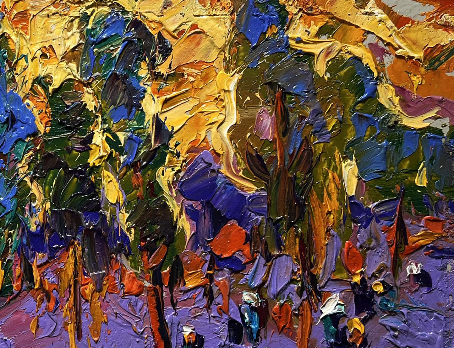 Vibrant impressionist oil painting of yellow sunset behind trees by Oleksiy Ivanyuk