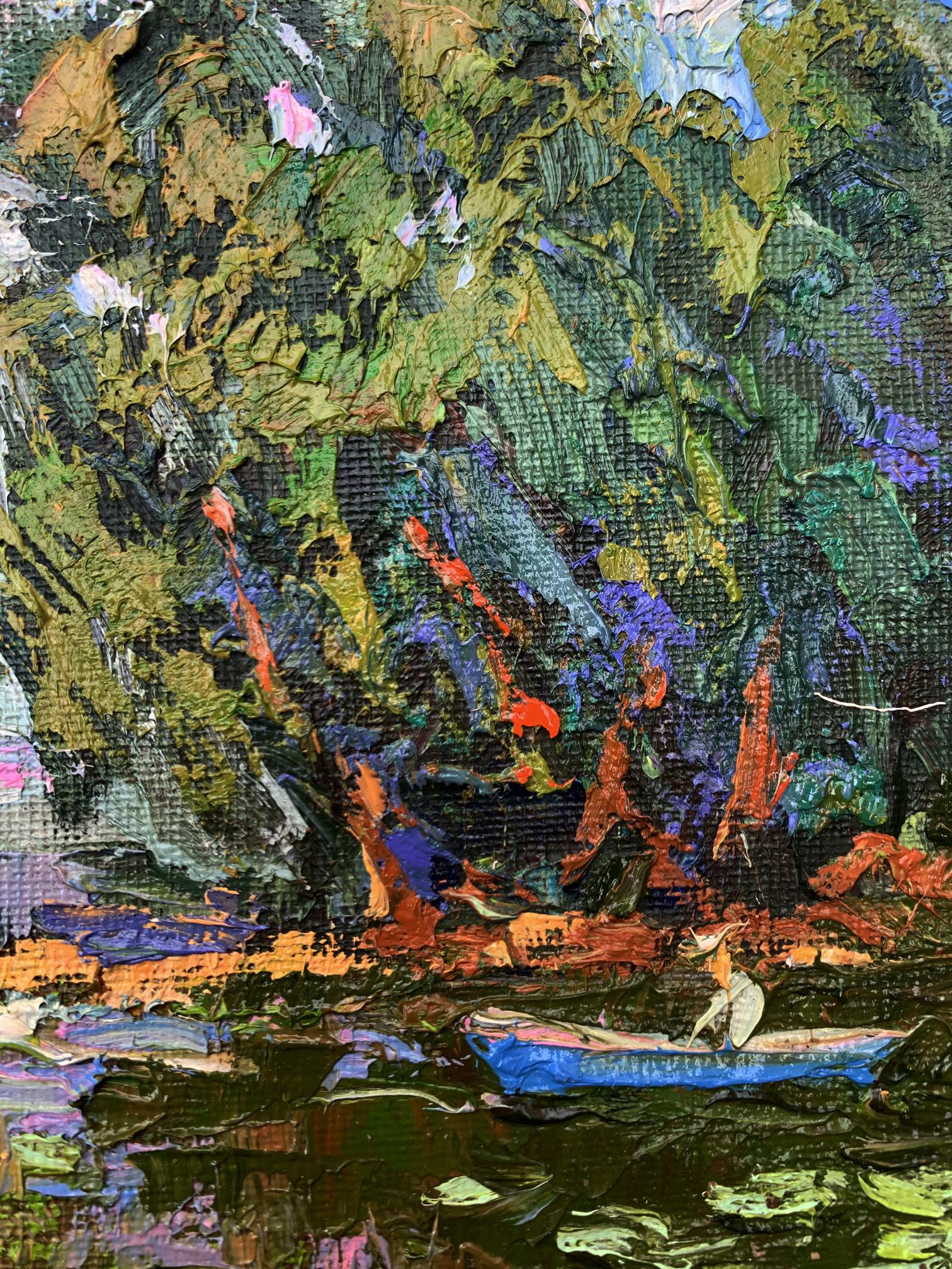 Oil painting Boating holidays by Ivanyuk Oleksiy: blue rowboat in lush foliage