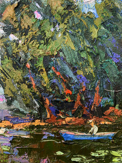 Oil painting Boating holidays by Ivanyuk Oleksiy: blue rowboat in lush foliage