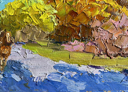 Oil painting Golden autumn by Boris Serdyuk, textured yellow brown green blue layers