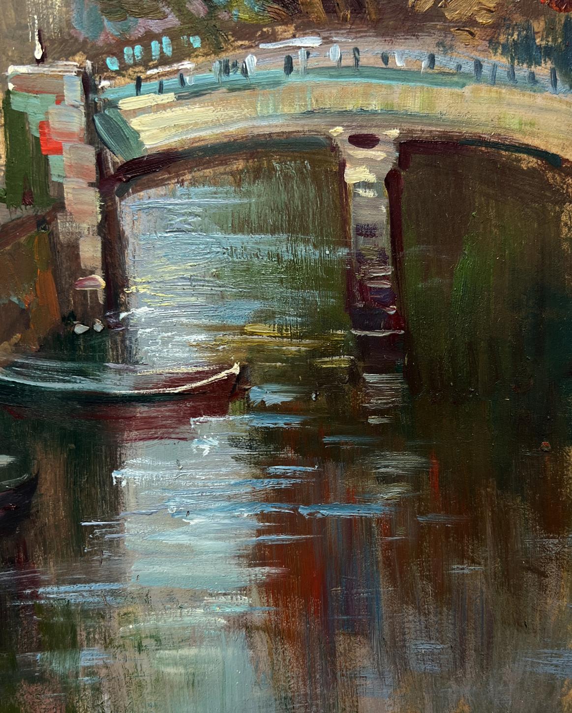Oil painting of Old Venice street stone arch bridge over calm water by Yuriy Suprunchuk