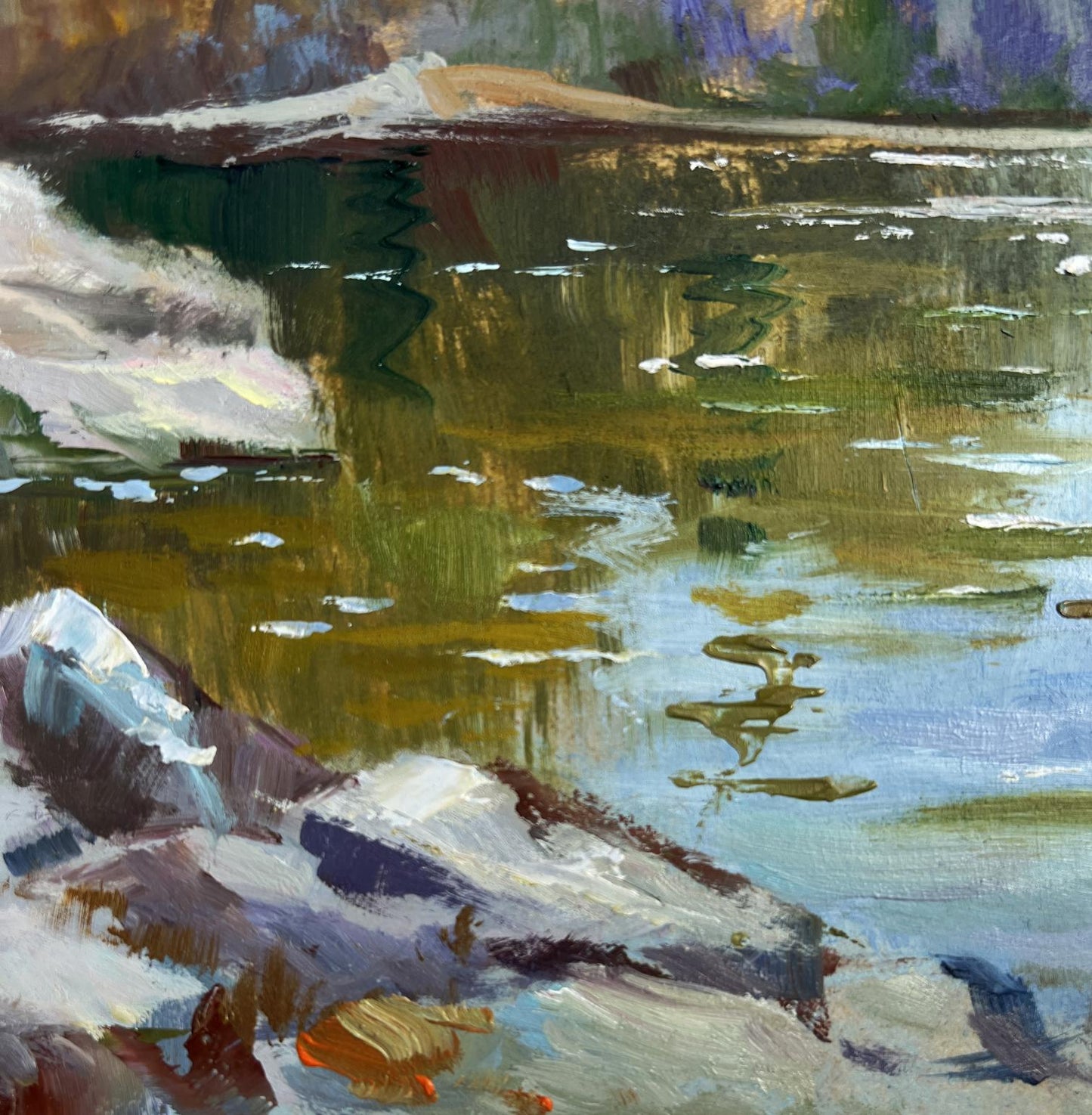 Textured impressionist oil painting of snowy riverbank by Yuriy Suprunchuk
