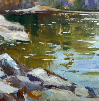 Textured impressionist oil painting of snowy riverbank by Yuriy Suprunchuk