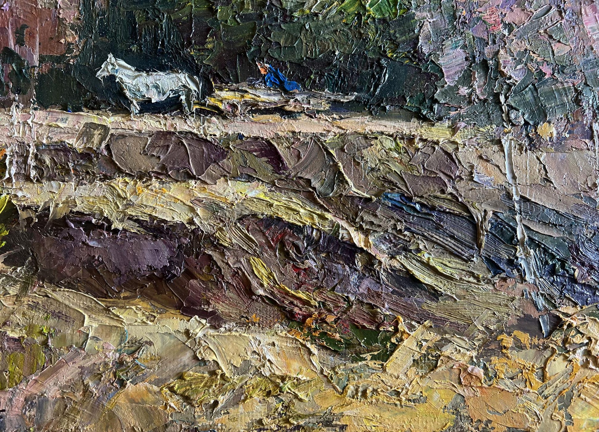 Oil painting Along the Forest Road by Boris Serdyuk: white horse, blue figure