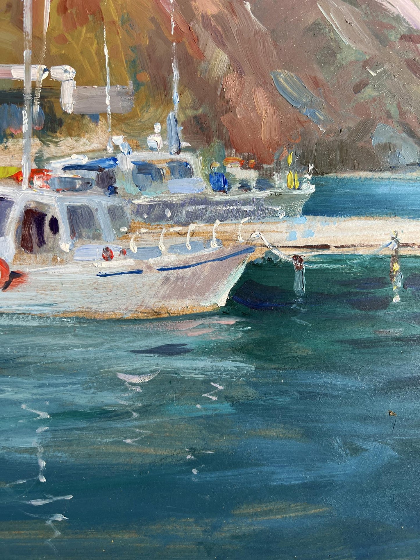 Serene impressionist oil painting of Yuriy Suprunchuk Ships on the ferry white sailboat on turquoise water