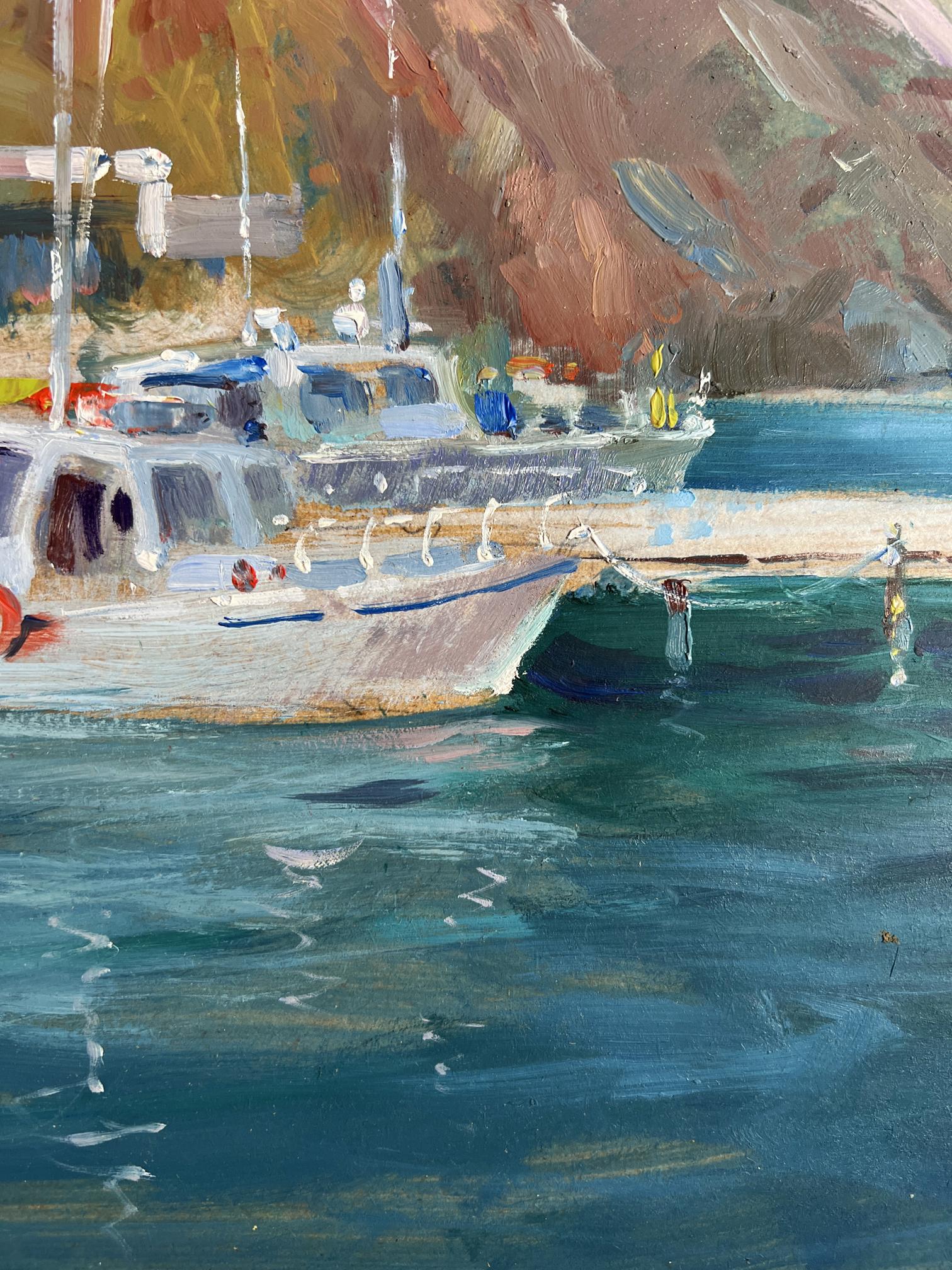 Serene impressionist oil painting of Yuriy Suprunchuk Ships on the ferry white sailboat on turquoise water