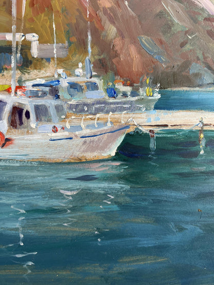 Serene impressionist oil painting of Yuriy Suprunchuk Ships on the ferry white sailboat on turquoise water