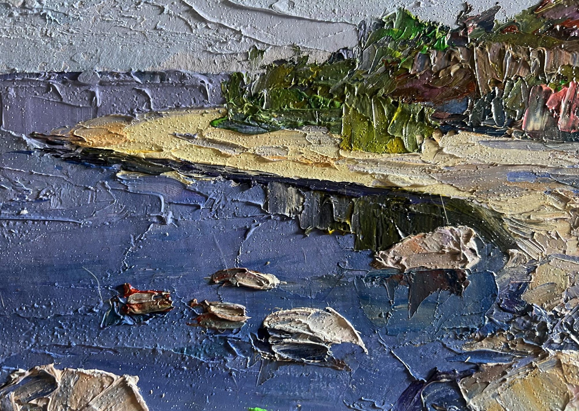 Oil painting Summer day by the shore by Boris Serdyuk, impasto blue water and shore