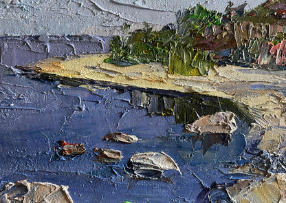 Oil painting Summer day by the shore by Boris Serdyuk, impasto blue water and shore