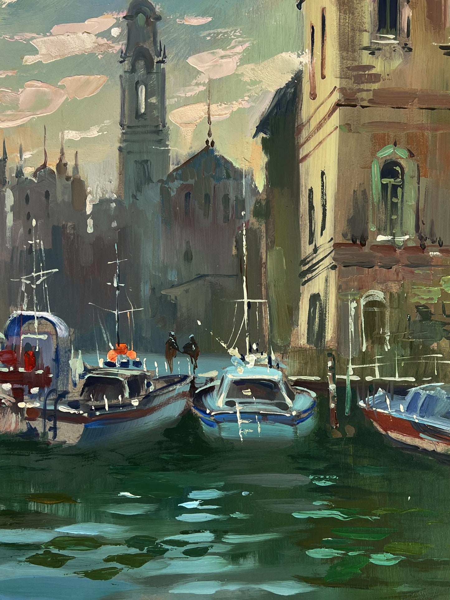 Serene Venice canal oil painting by Yuriy Suprunchuk at morning sunrise