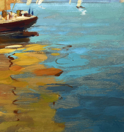 Oil painting Towards the Wind by Yuriy Suprunchuk, vibrant harbor scene