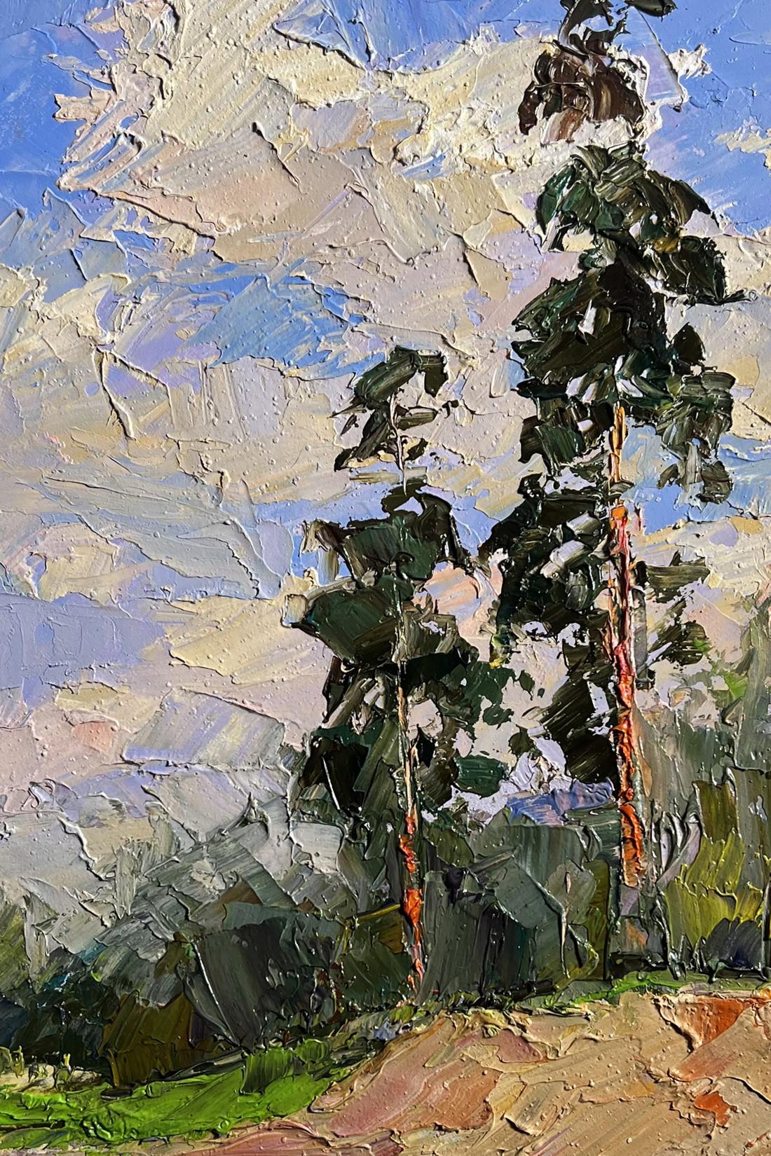 Oil painting Sand cliff by the river by Boris Serdyuk with green trees