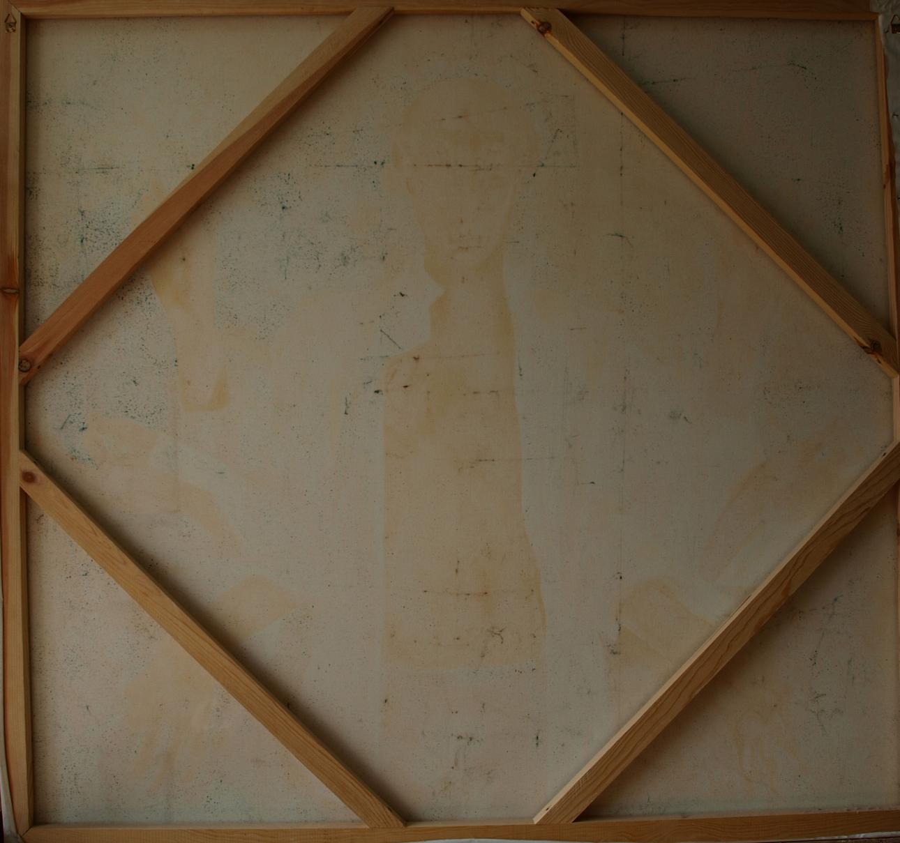 Back of Oil painting Banyan Konsta G. Amelinn with X-shaped wood stretcher bars