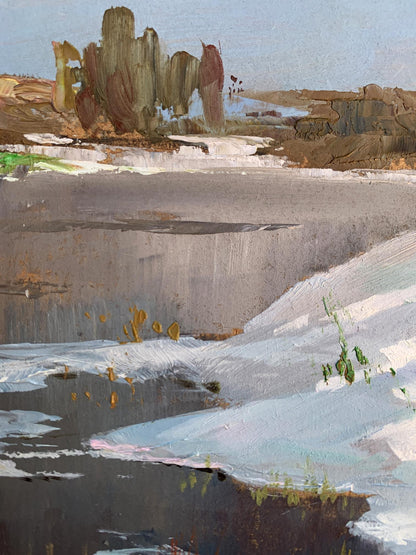 Textured oil painting of thawed river snowy landscape by Yuriy Suprunchuk