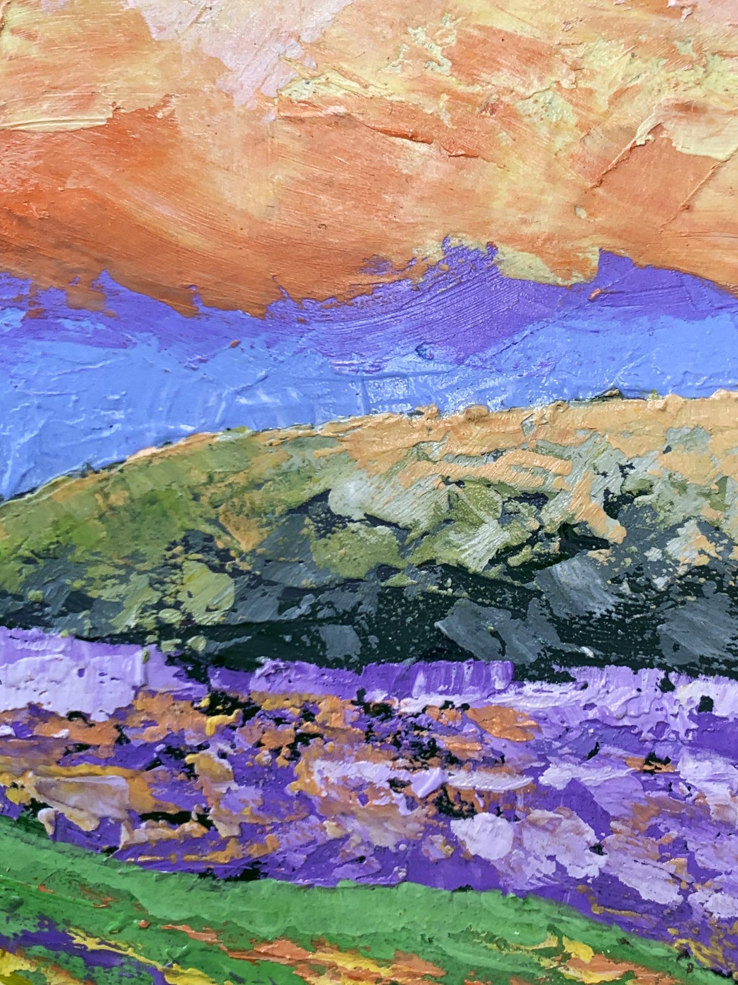 Vibrant oil painting Yellow clouds V. Zadorozhnya with orange sky and lavender fields