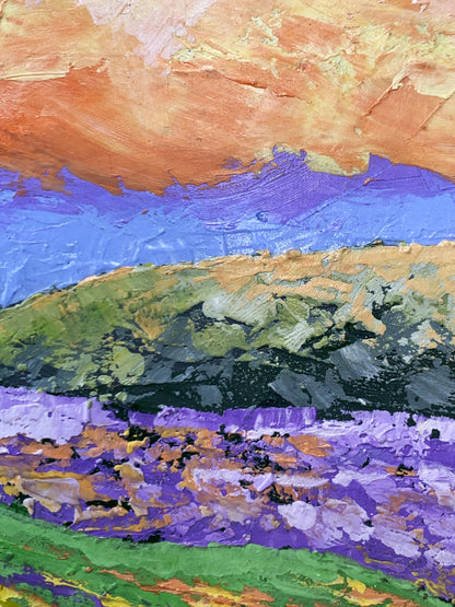 Vibrant oil painting Yellow clouds V. Zadorozhnya with orange sky and lavender fields