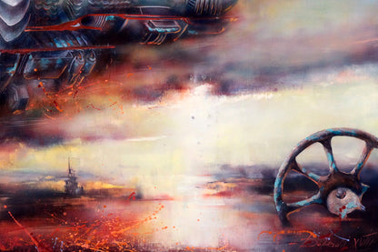 Weathered blue ship’s wheel oil painting by Alexander Dobrodiy