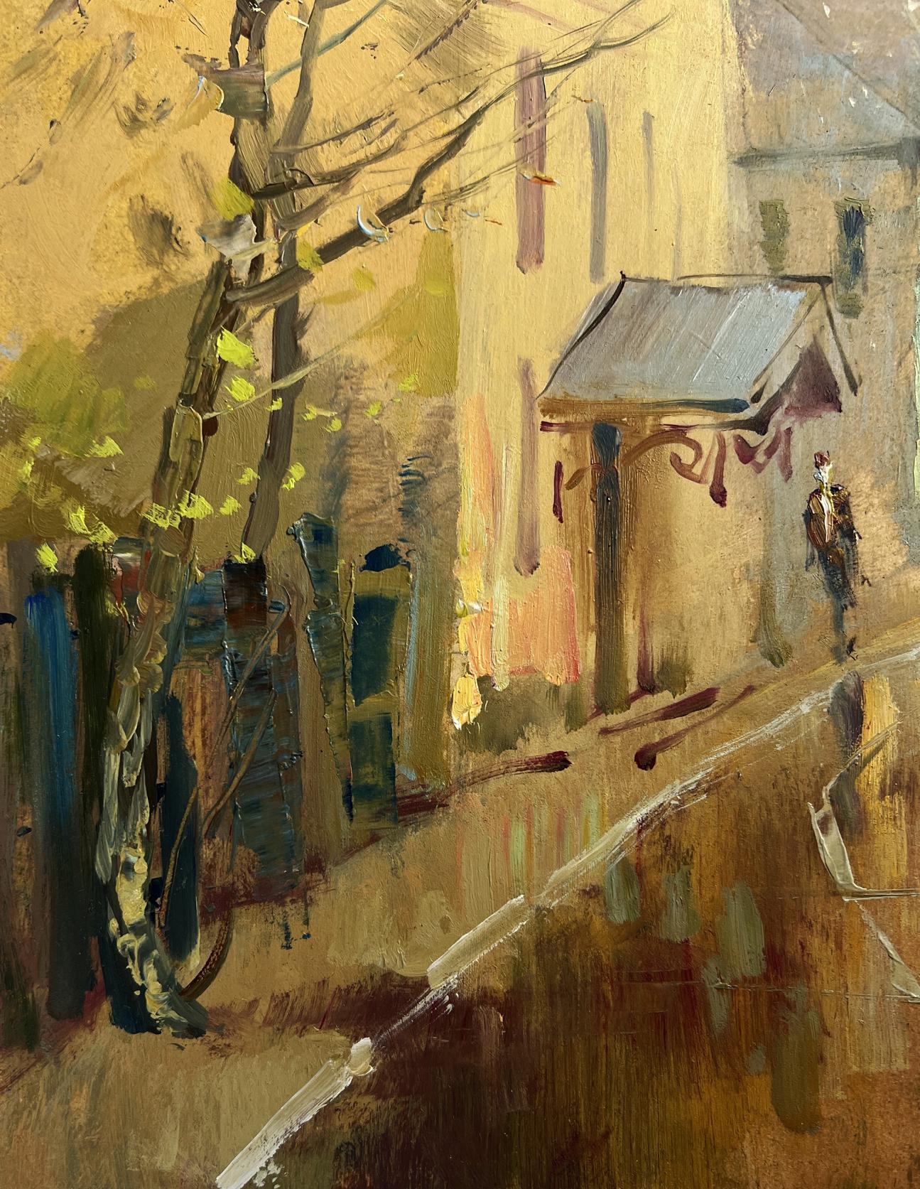 Oil painting Reflections of Autumn by Yuriy Suprunchuk: solitary figure in alley