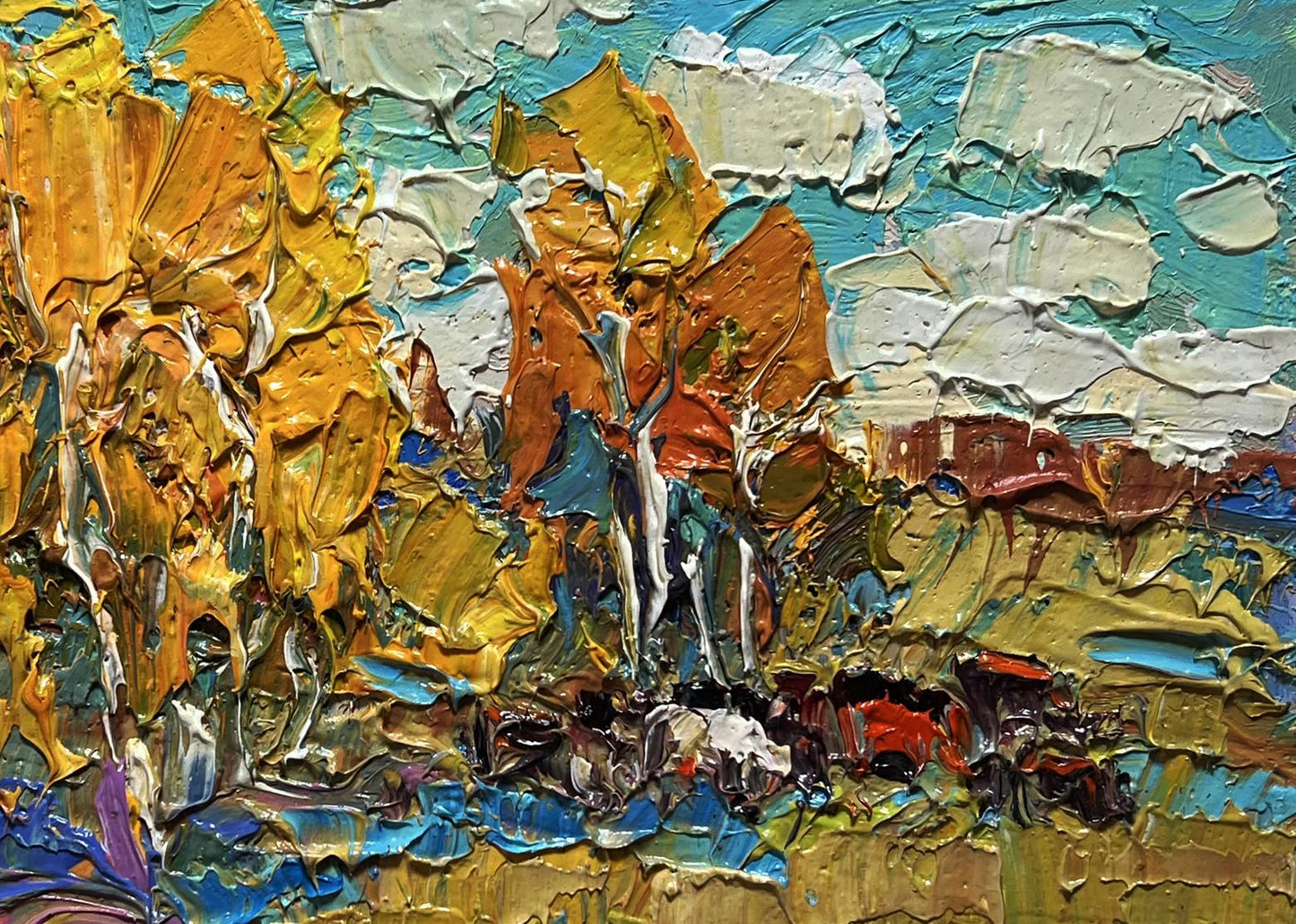 Oil painting Autumn sunny day by Oksana Ivanyuk with gold orange foliage teal sky