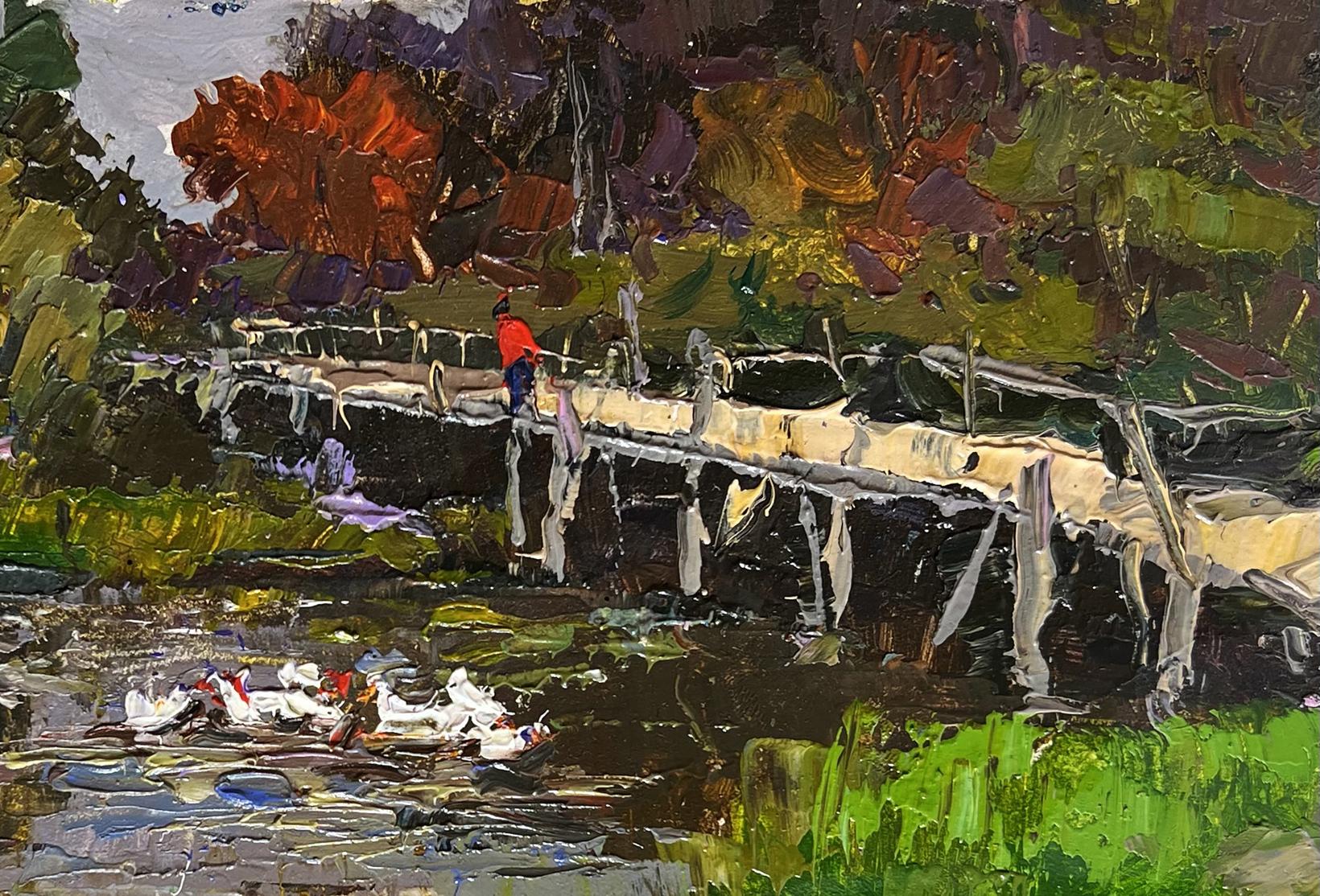 Oil painting by Oksana Ivanyuk: ducks on lake near rustic bridge