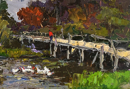 Oil painting by Oksana Ivanyuk: ducks on lake near rustic bridge