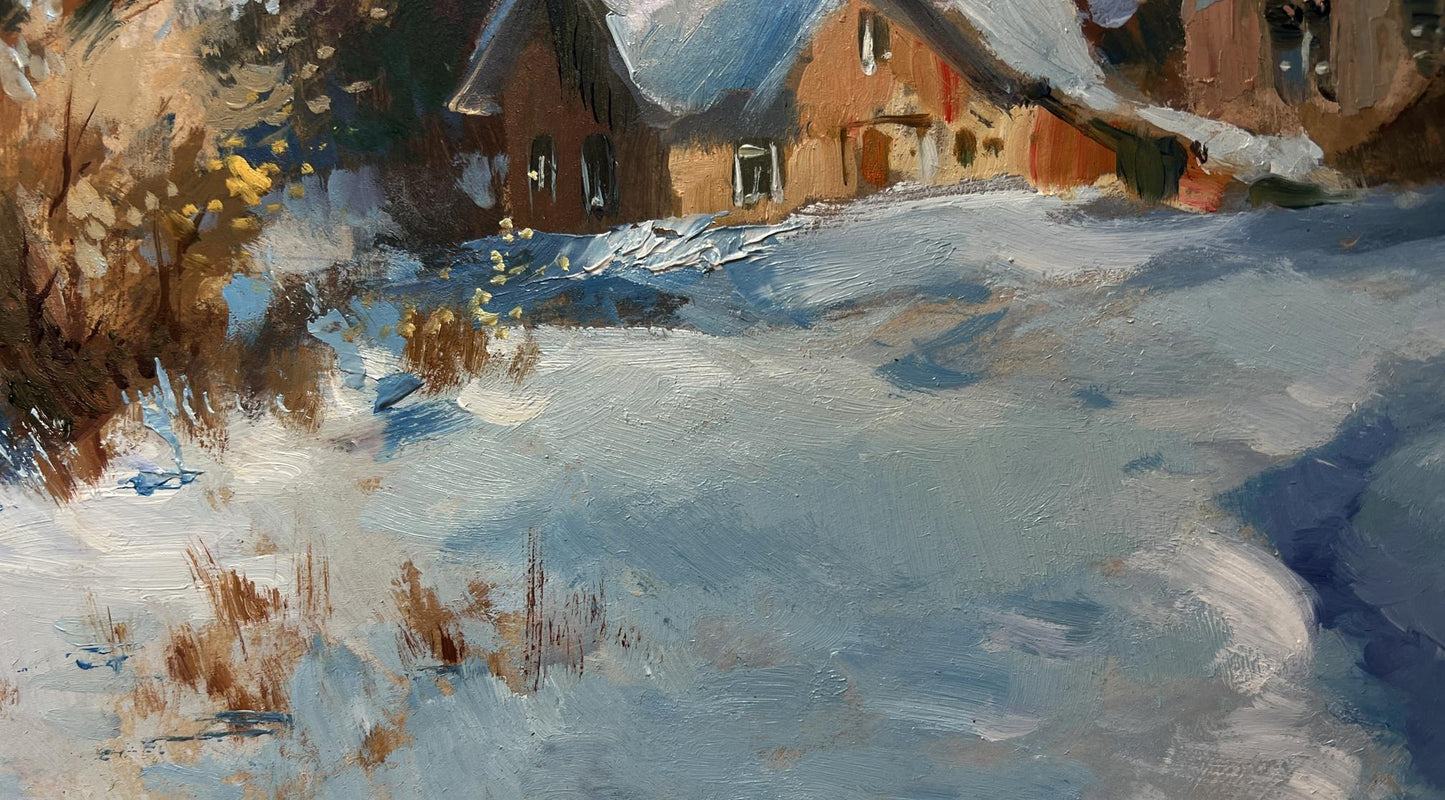 Oil painting of cozy snow-dusted house by Yuriy Suprunchuk