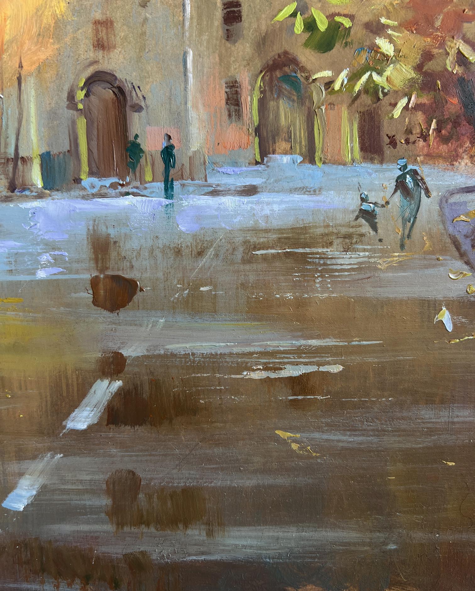 Oil painting Autumn in the heart of the city by Yuriy Suprunchuk, rainy street scene