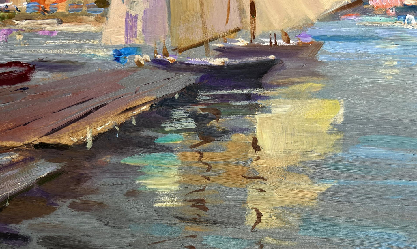 Oil painting of scarlet sunset on ferry by Yuriy Suprunchuk, weathered dock into water