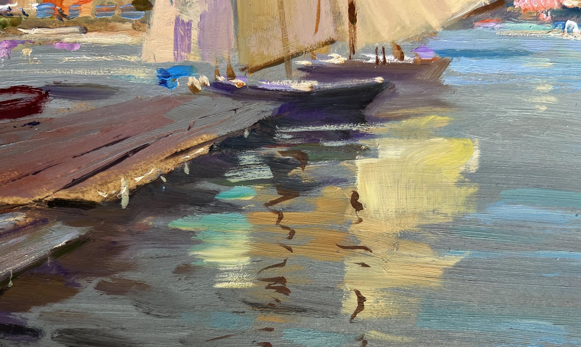 Oil painting of scarlet sunset on ferry by Yuriy Suprunchuk, weathered dock into water