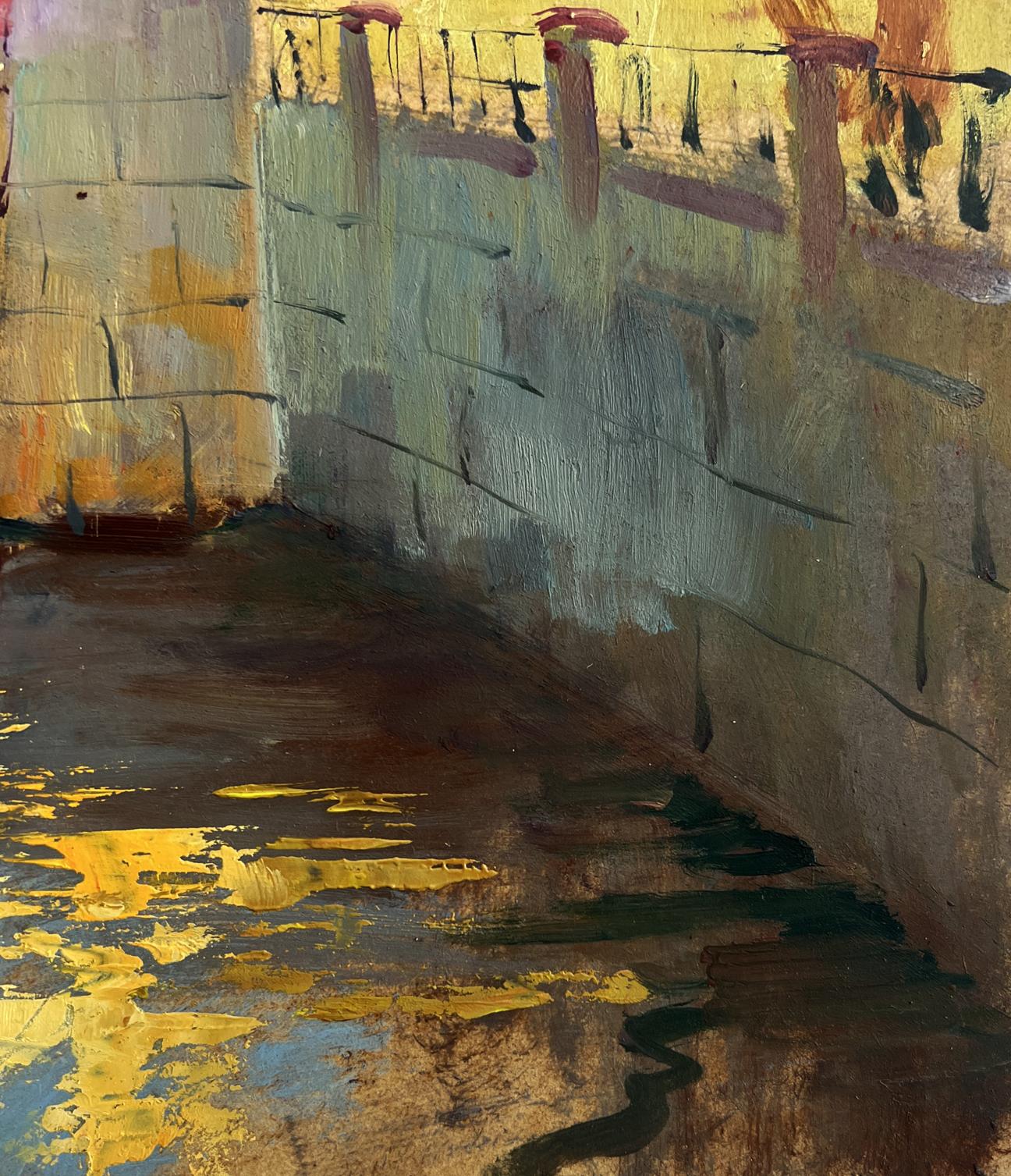 Oil painting of textured stone wall and wet pavement in city park by Yuriy Suprunchuk