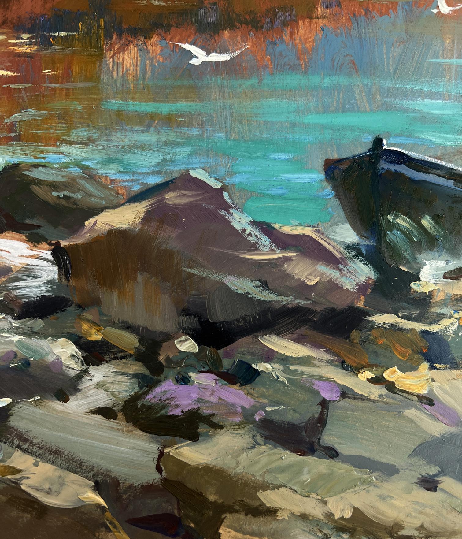 Oil painting by Yuriy Suprunchuk: birds over turquoise coastal river with boat