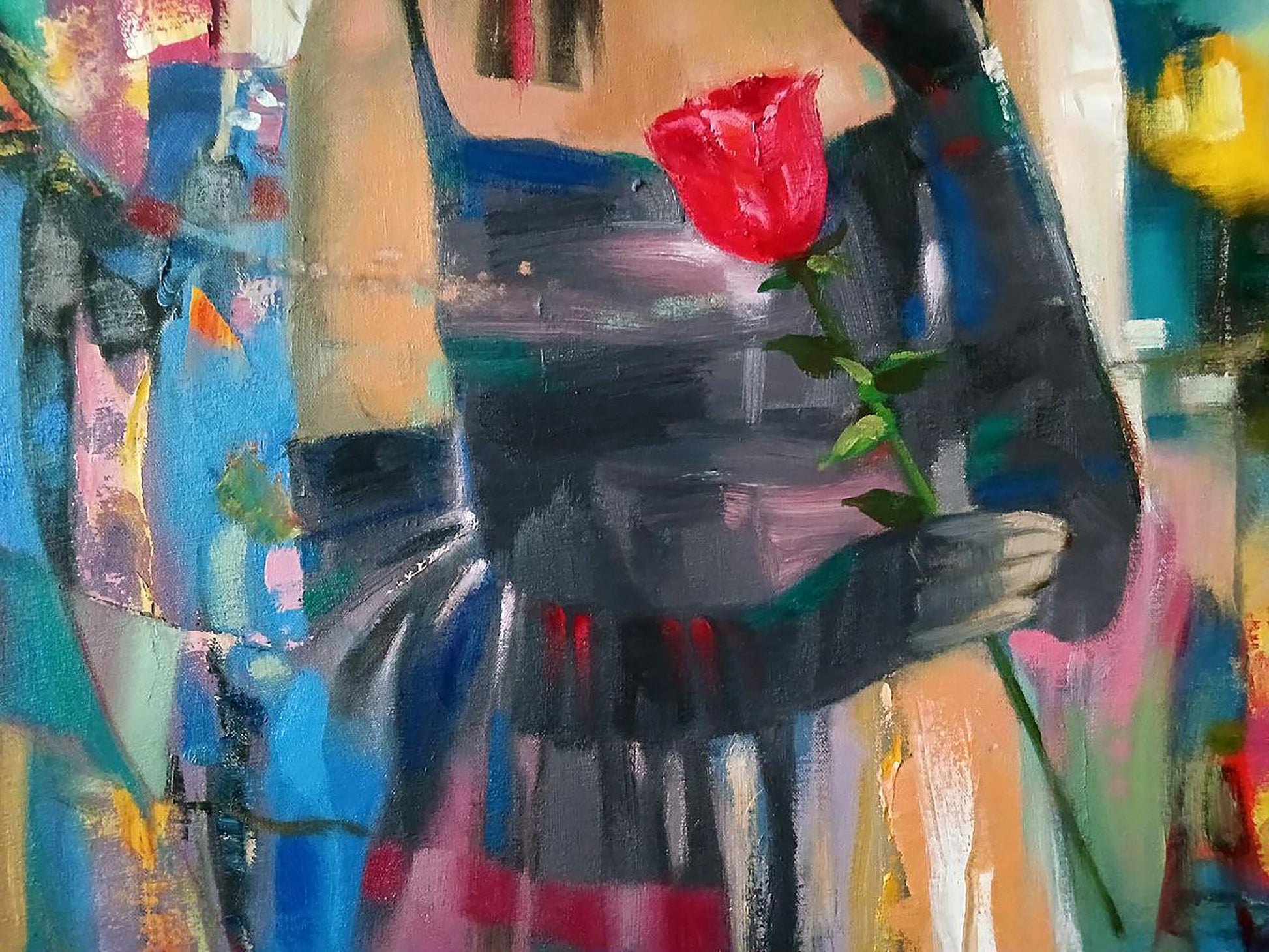 Hand holding red rose against Evening Blues painting by Anatoly Tarabanov