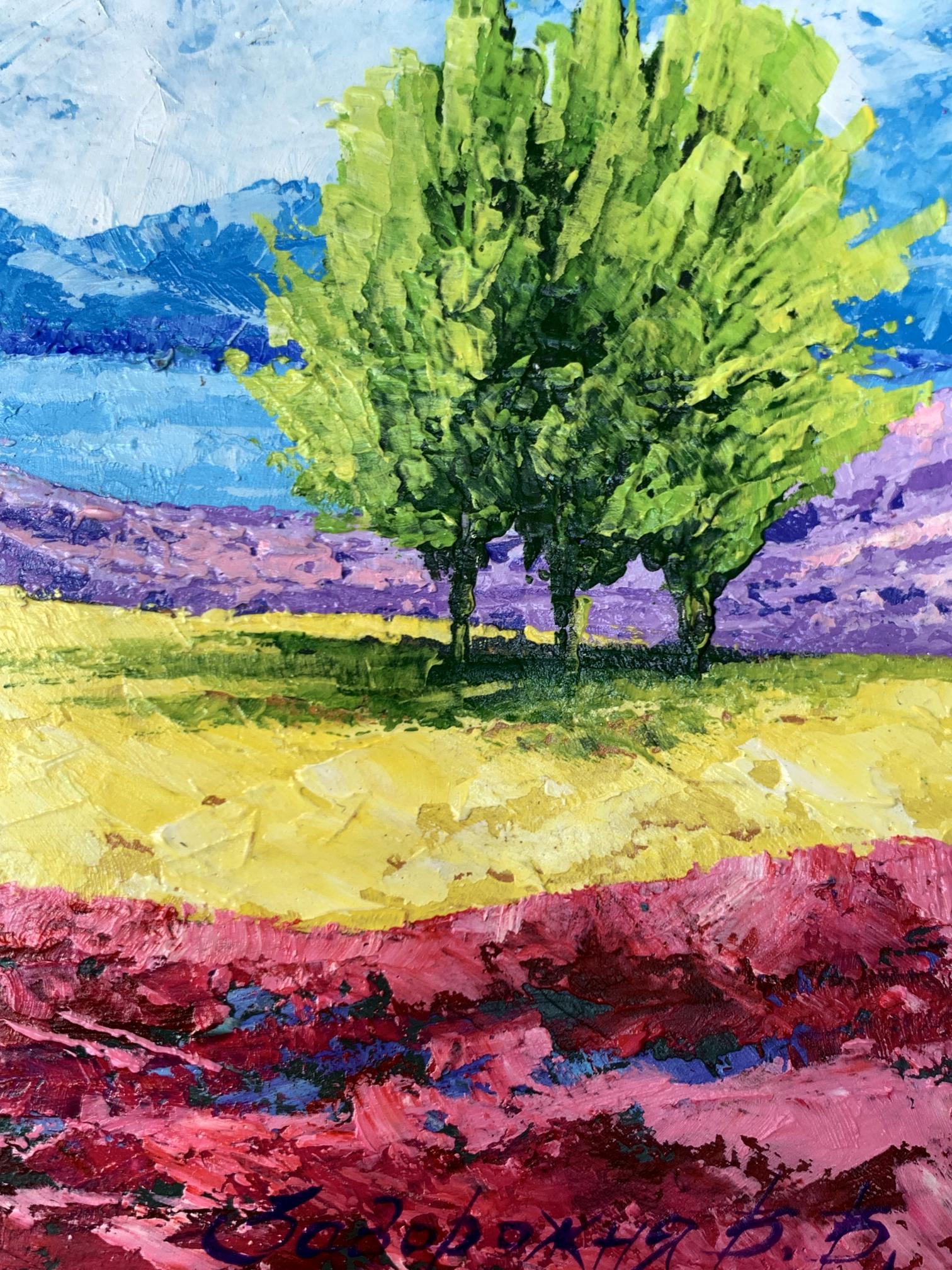 Vibrant oil painting of mountain lake, three lush green trees by V. Zadorozhnya