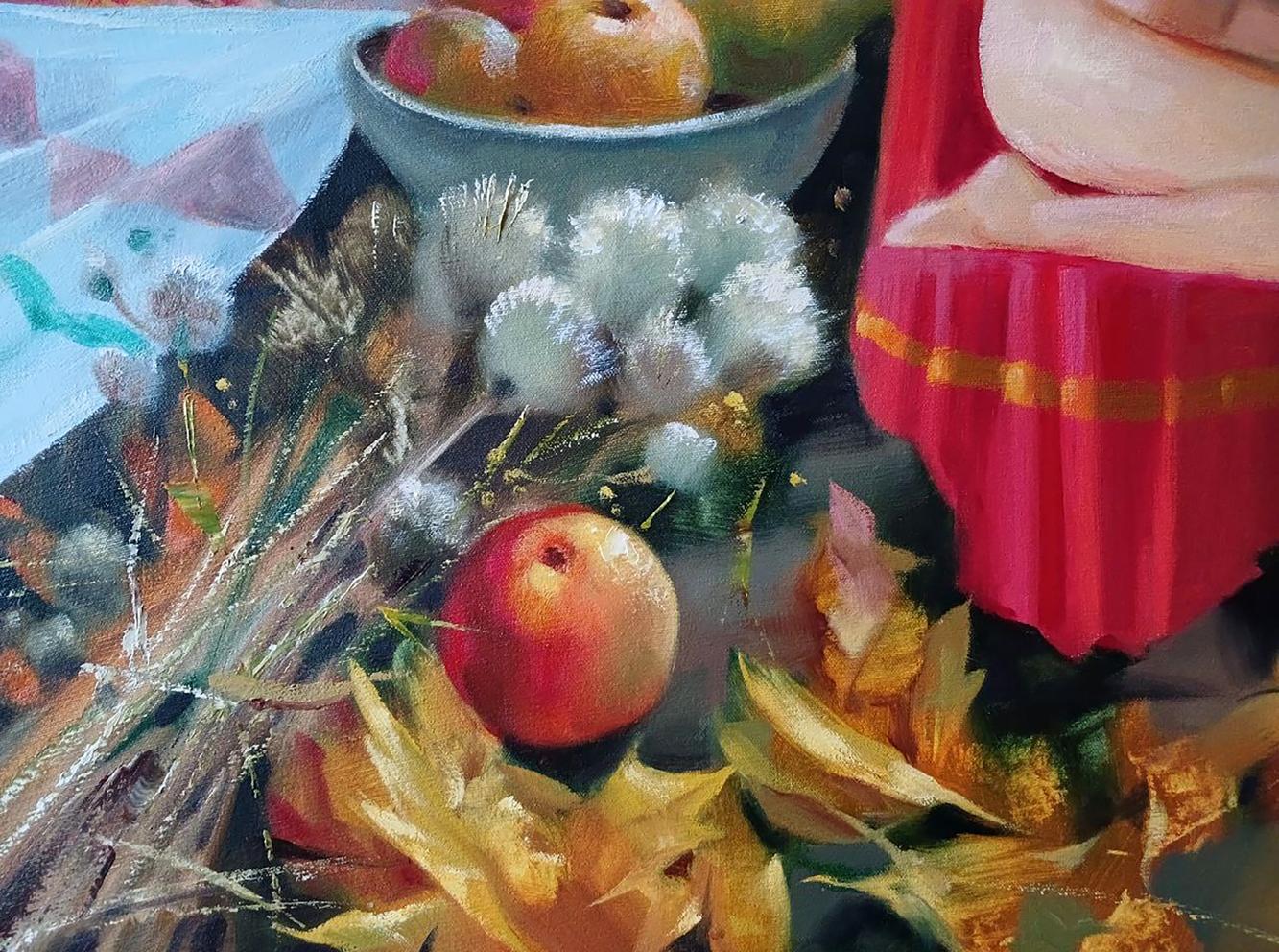 Abstract oil painting Golden autumn by Anatoly Tarabanov: red apple among leaves