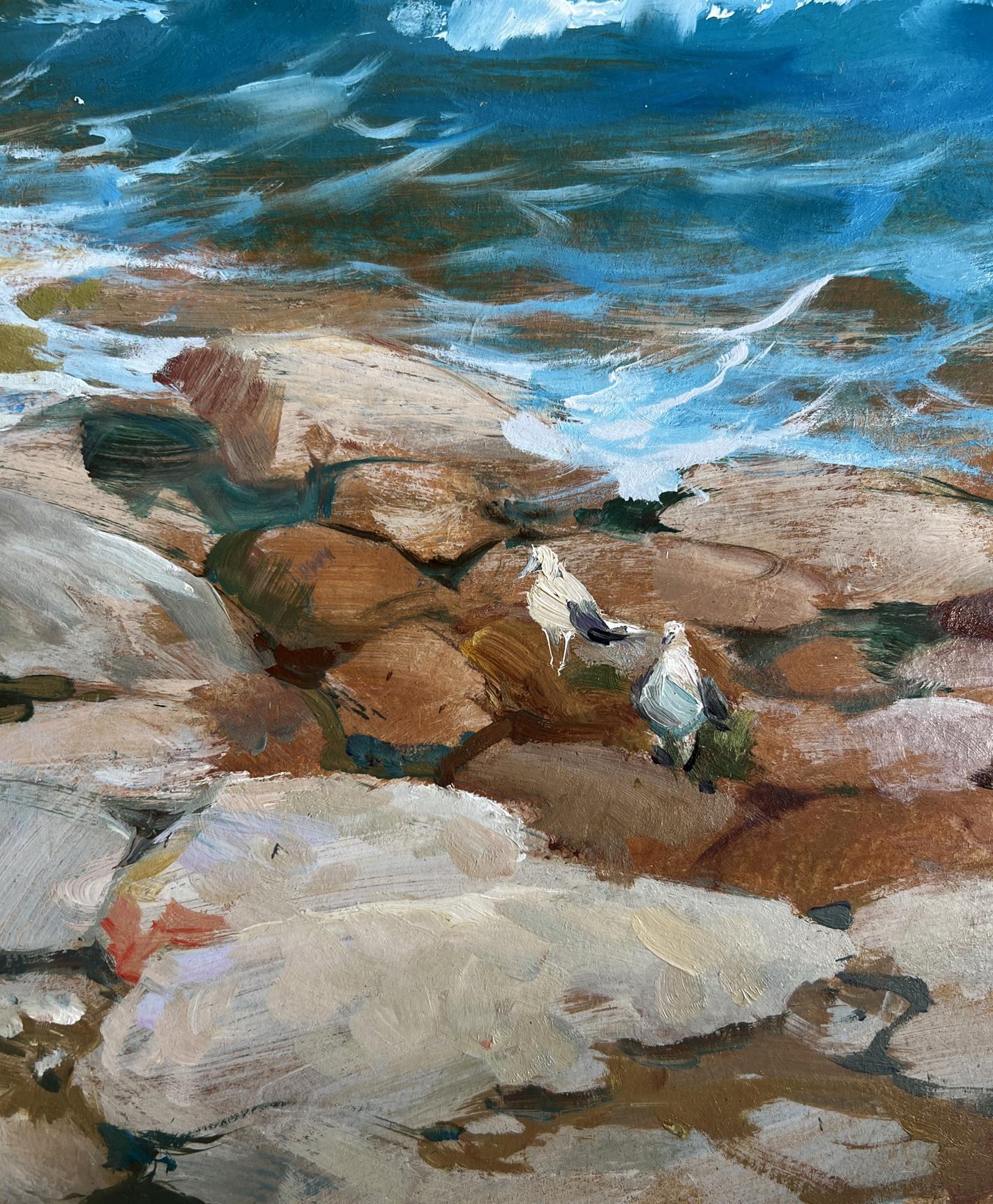 Oil painting of two seagulls on shoreline rocks by Yuriy Suprunchuk