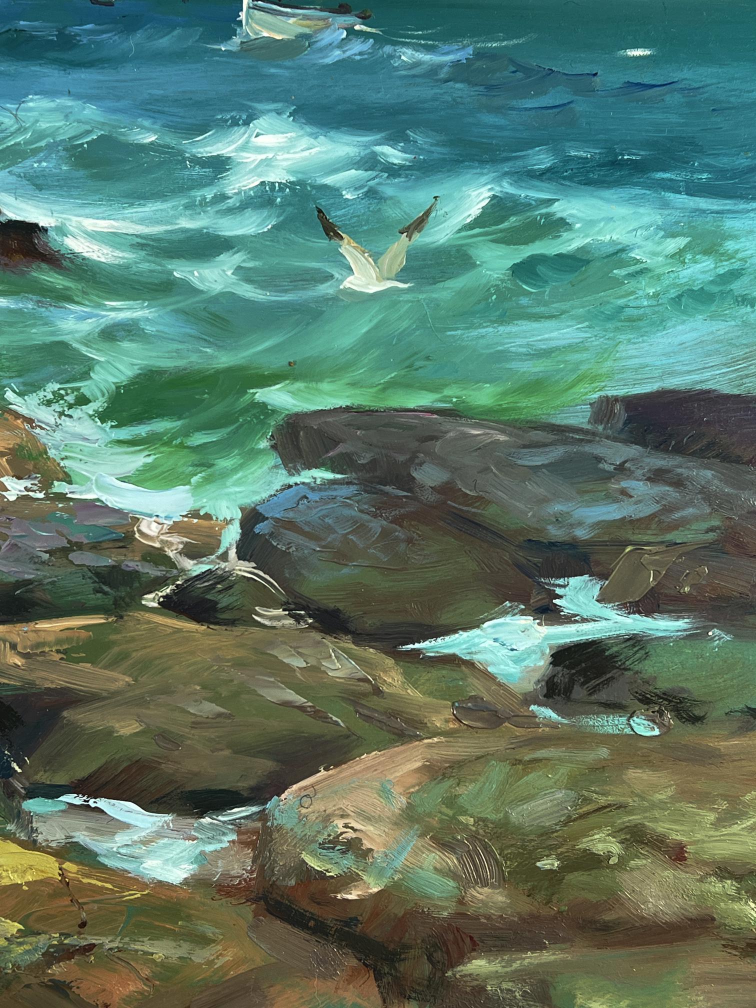 Oil painting by Yuriy Suprunchuk of white seagull soaring over turquoise waves on rocks